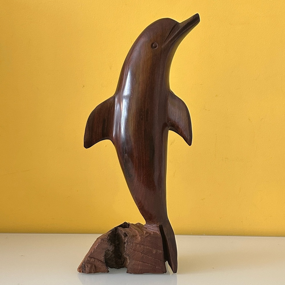 Hand Carved Ironwood Brown Dolphin Sculpture with Driftwood Base